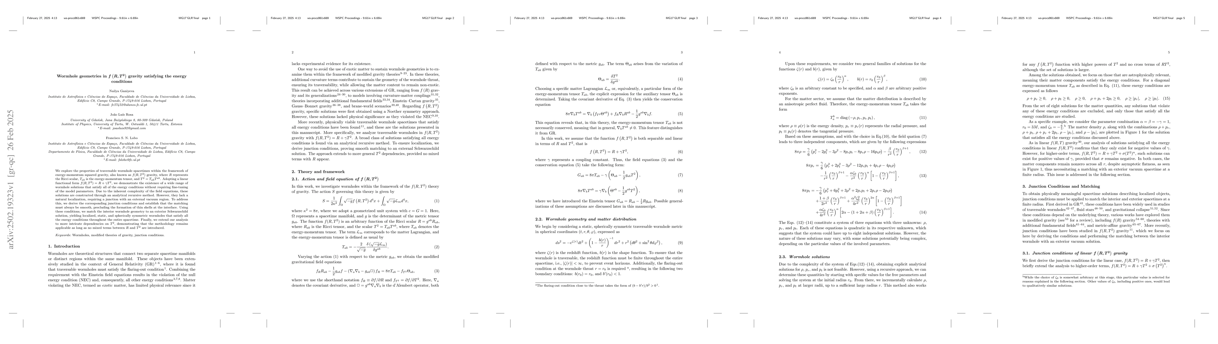 Thumbnail for Wormhole geometries in $f\left(R,T^2\right)$ gravity satisfying the
  energy conditions