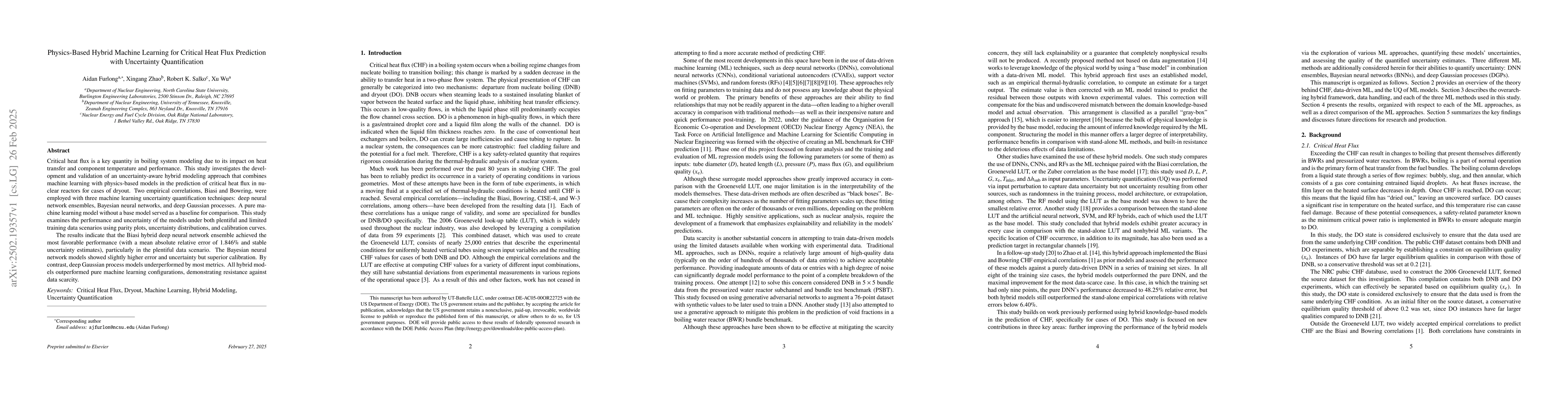 Thumbnail for Physics-Based Hybrid Machine Learning for Critical Heat Flux Prediction
  with Uncertainty Quantification