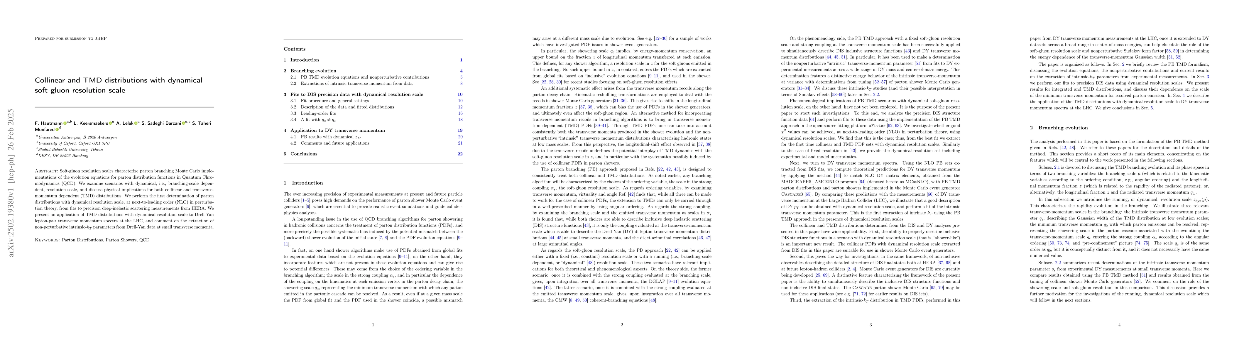 Thumbnail for Collinear and TMD distributions with dynamical soft-gluon resolution
  scale