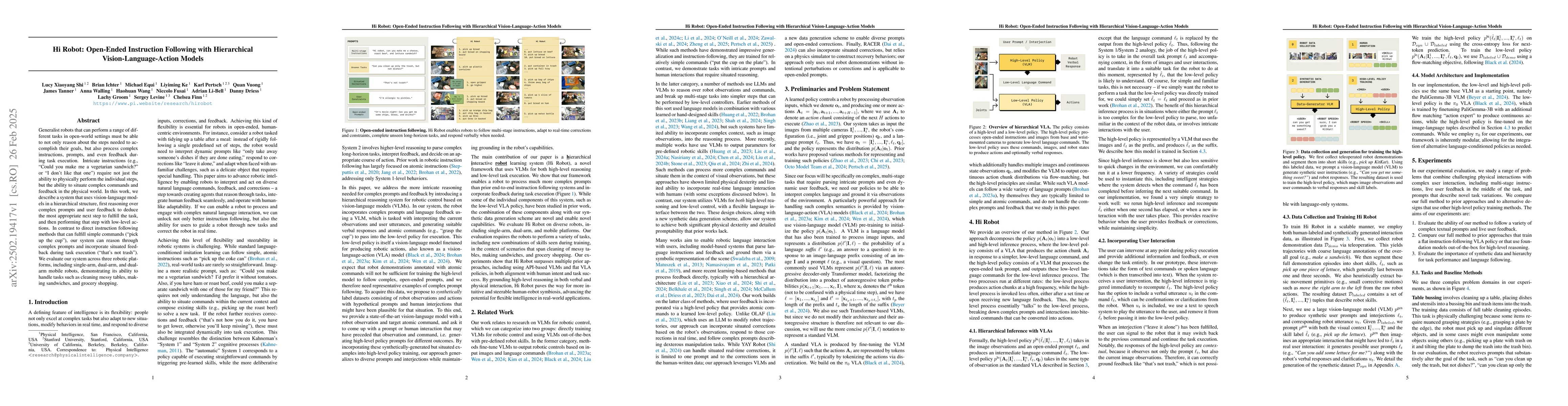 Thumbnail for Hi Robot: Open-Ended Instruction Following with Hierarchical
  Vision-Language-Action Models