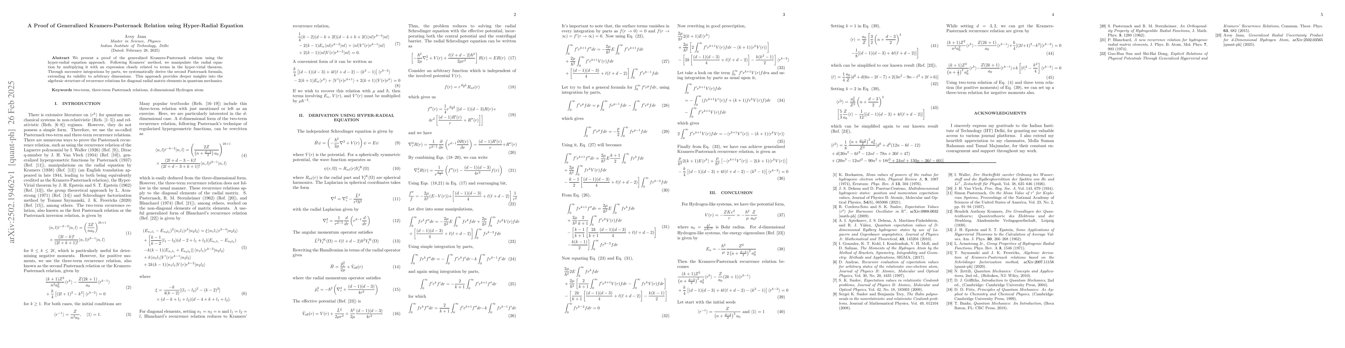 Thumbnail for A Proof of Generalized Kramers-Pasternack Relation using Hyper-Radial
  Equation