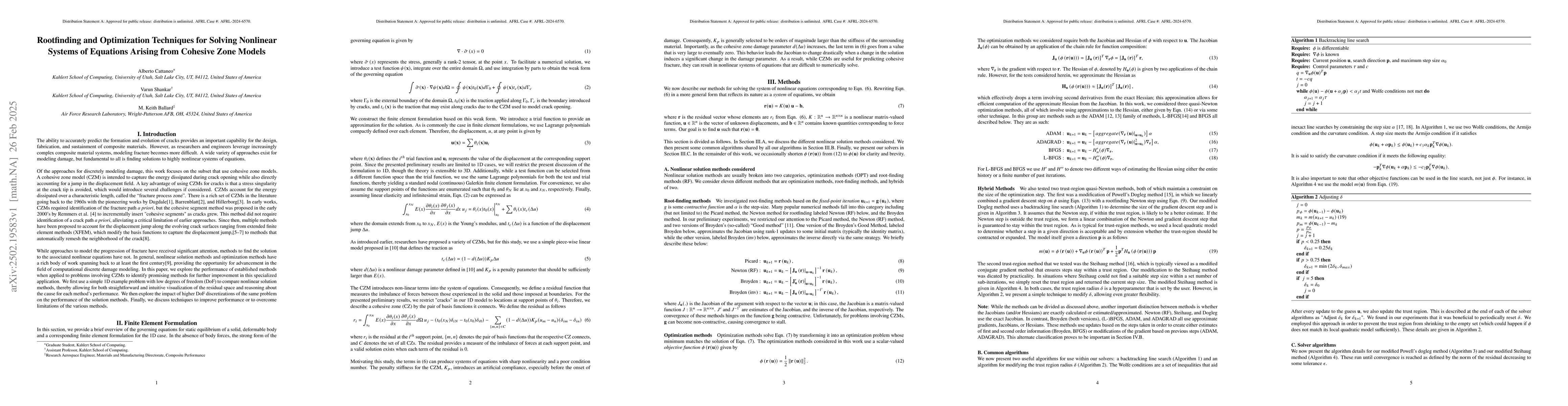 Thumbnail for Rootfinding and Optimization Techniques for Solving Nonlinear Systems of
  Equations Arising from Cohesive Zone Models