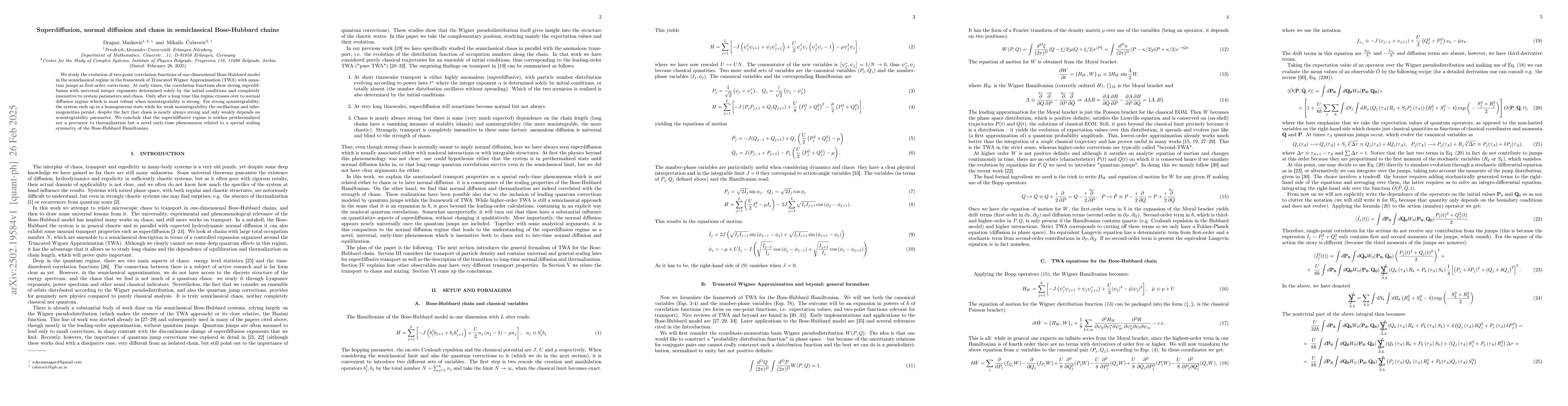 Thumbnail for Superdiffusion, normal diffusion and chaos in semiclassical Bose-Hubbard
  chains