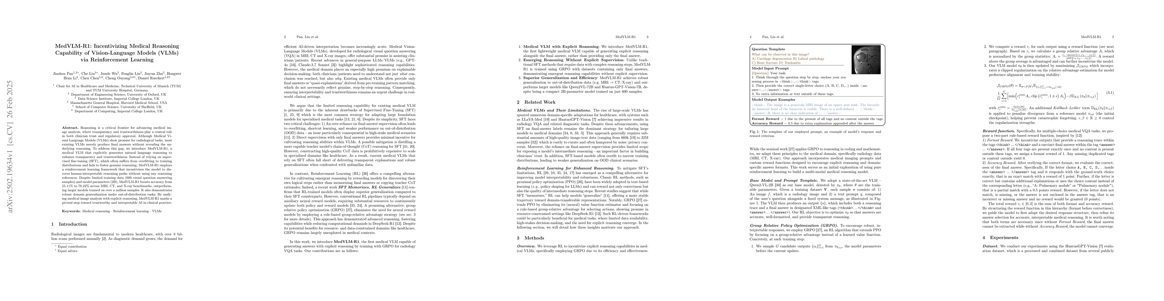 Thumbnail for MedVLM-R1: Incentivizing Medical Reasoning Capability of Vision-Language
  Models (VLMs) via Reinforcement Learning
