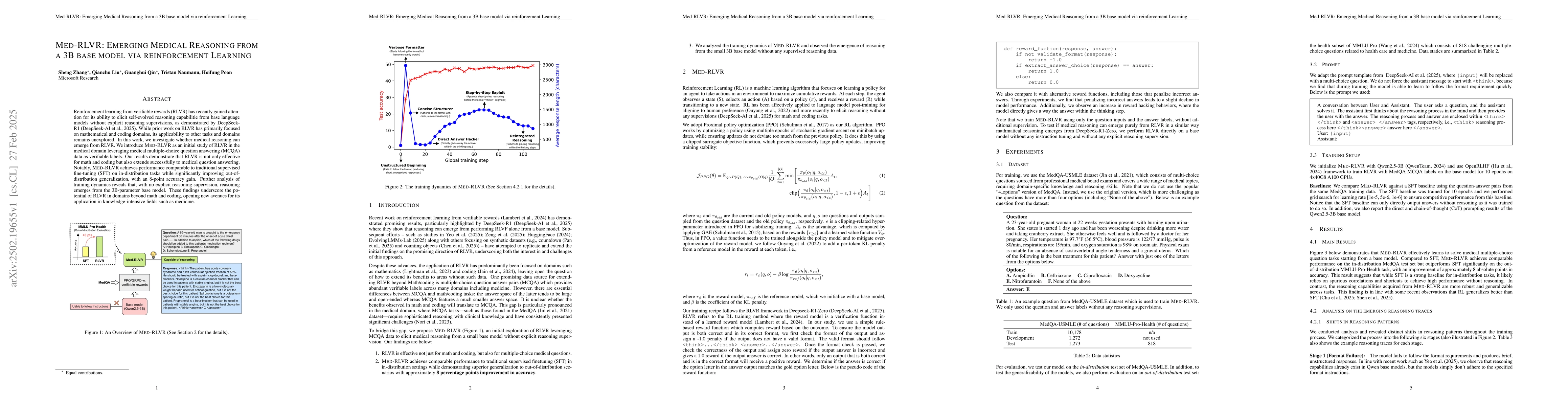 Thumbnail for Med-RLVR: Emerging Medical Reasoning from a 3B base model via
  reinforcement Learning