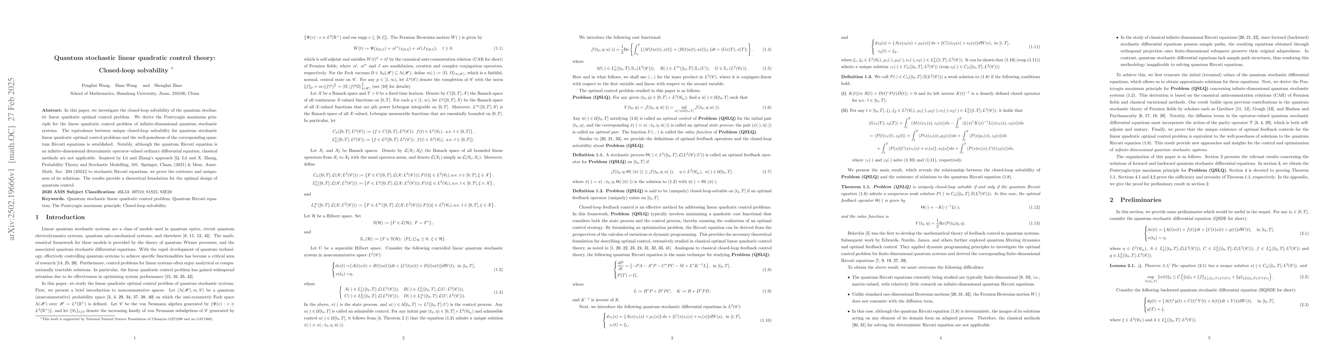 Thumbnail for Quantum stochastic linear quadratic control theory: Closed-loop
  solvability