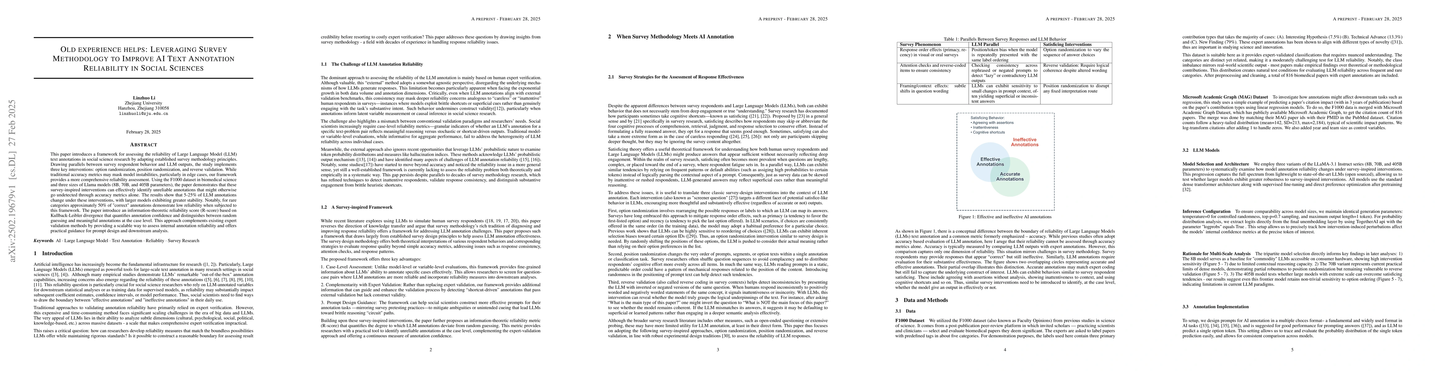 Thumbnail for Old Experience Helps: Leveraging Survey Methodology to Improve AI Text
  Annotation Reliability in Social Sciences