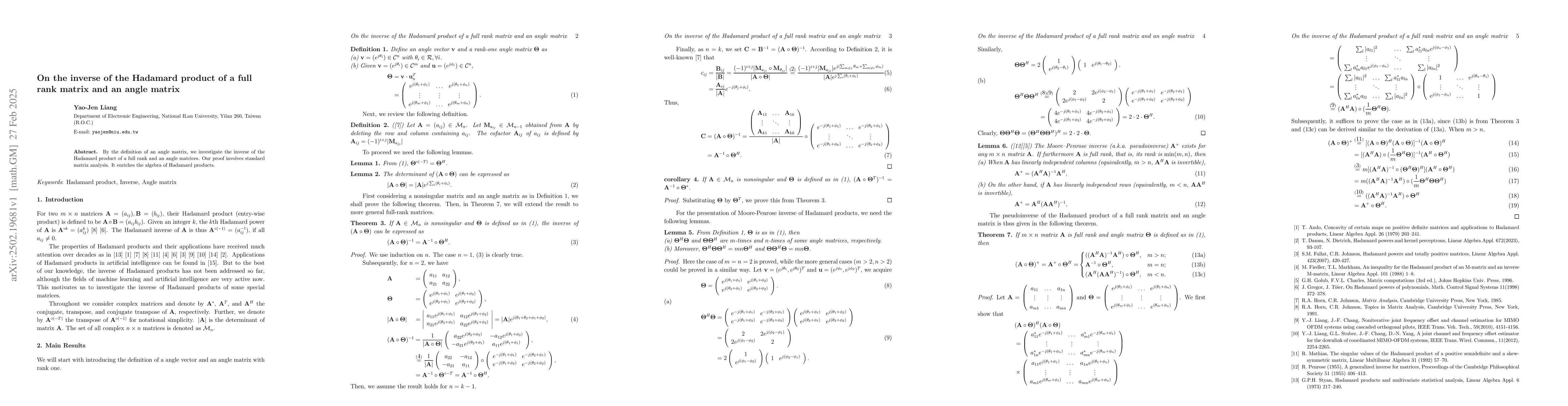 Thumbnail for On the inverse of the Hadamard product of a full rank matrix and an
  angle matrix