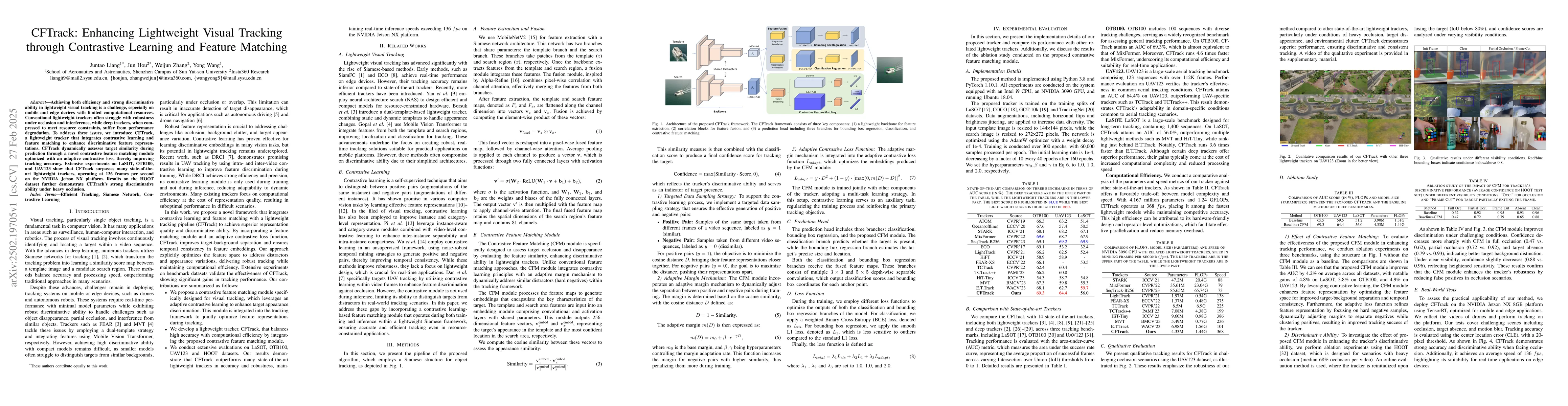 Thumbnail for CFTrack: Enhancing Lightweight Visual Tracking through Contrastive
  Learning and Feature Matching