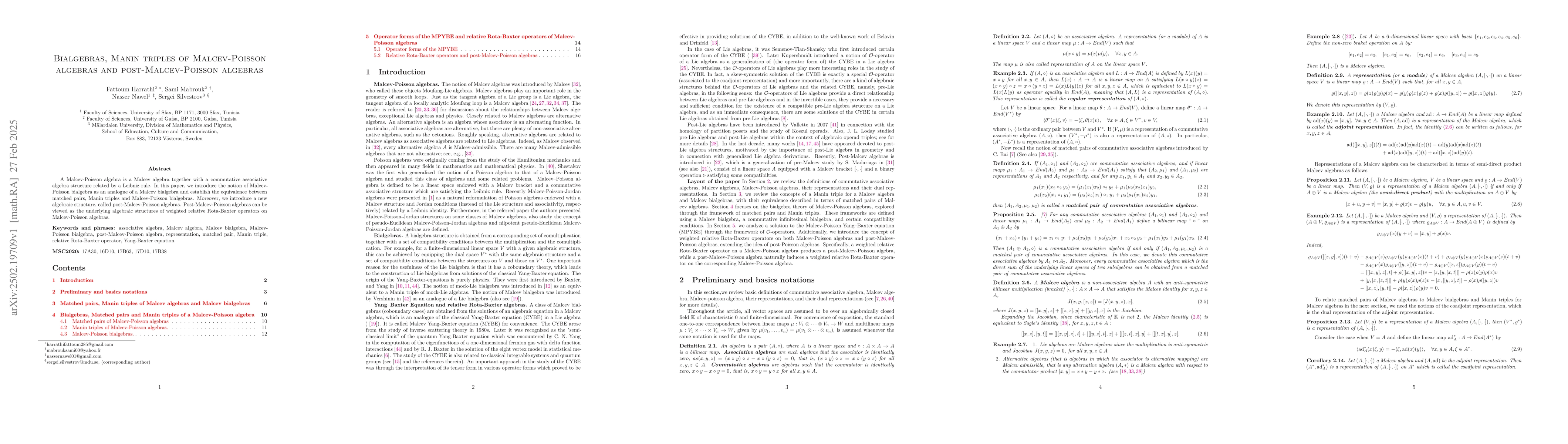 Thumbnail for Bialgebras, Manin triples of Malcev-Poisson algebras and
  post-Malcev-Poisson algebras