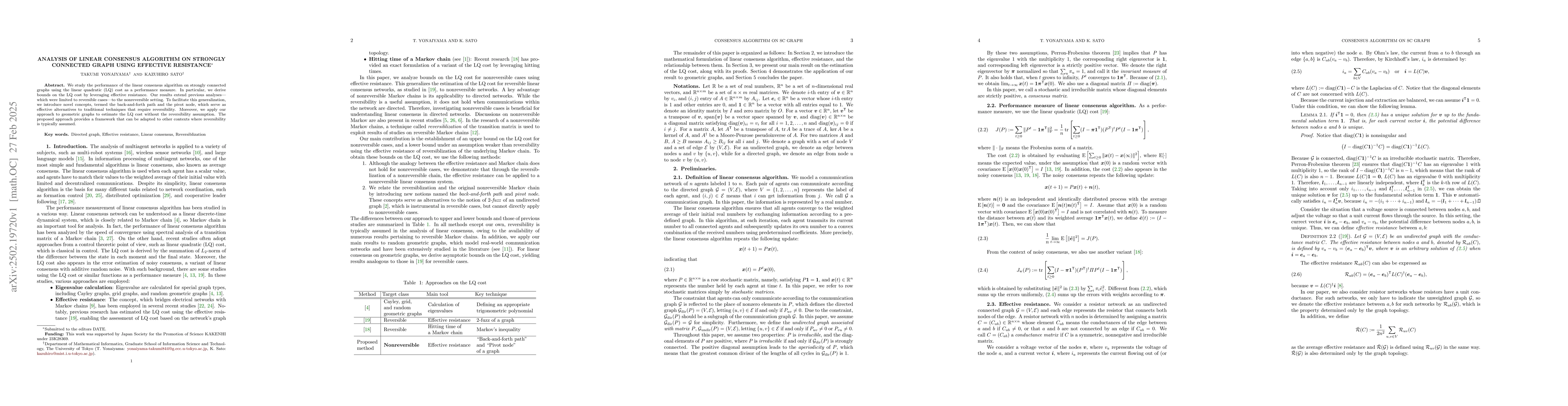 Thumbnail for Analysis of Linear Consensus Algorithm on Strongly Connected Graph Using
  Effective Resistance