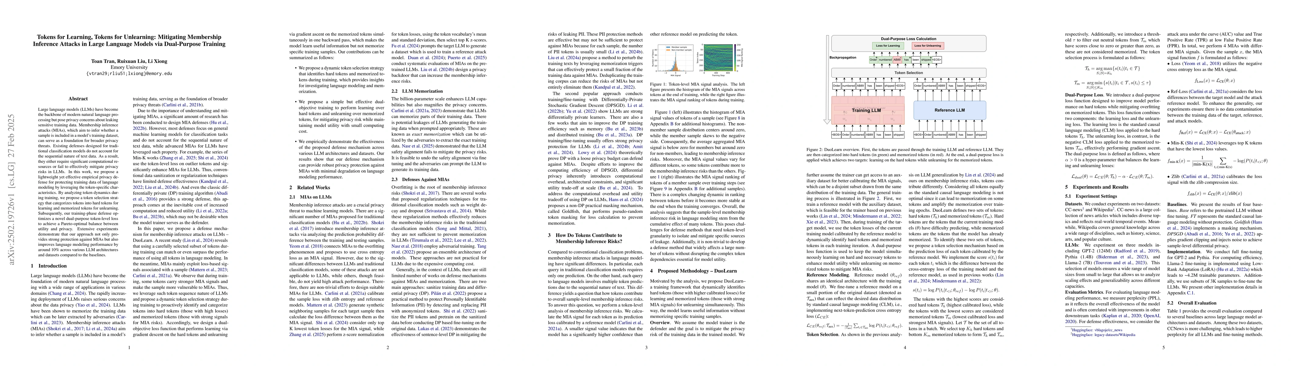 Thumbnail for Tokens for Learning, Tokens for Unlearning: Mitigating Membership
  Inference Attacks in Large Language Models via Dual-Purpose Training