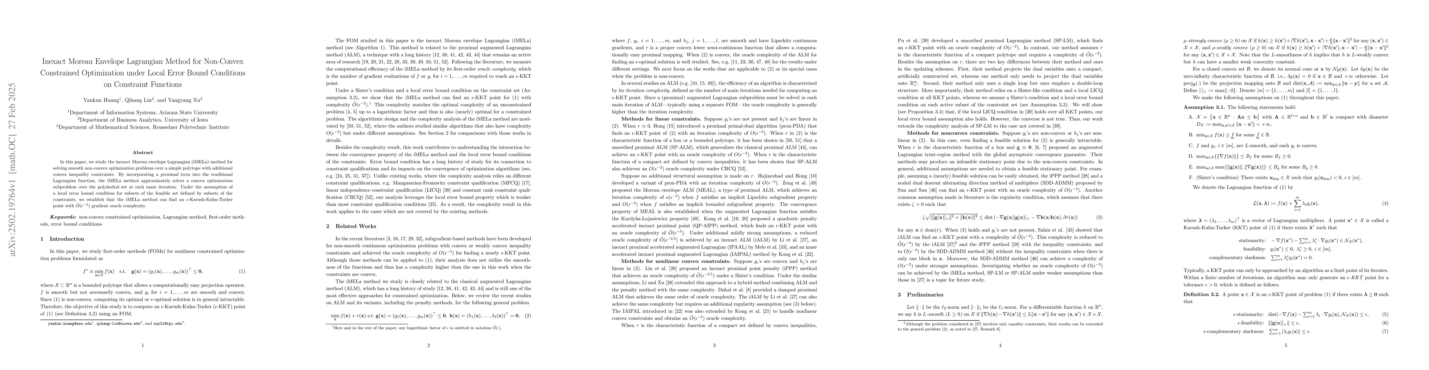 Thumbnail for Inexact Moreau Envelope Lagrangian Method for Non-Convex Constrained
  Optimization under Local Error Bound Conditions on Constraint Functions