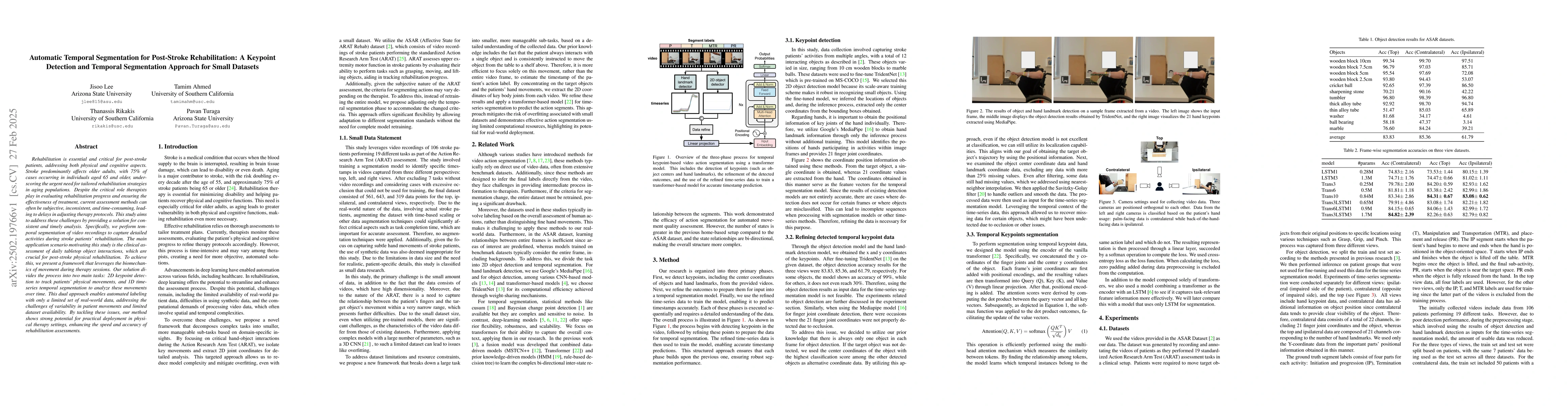 Thumbnail for Automatic Temporal Segmentation for Post-Stroke Rehabilitation: A
  Keypoint Detection and Temporal Segmentation Approach for Small Datasets