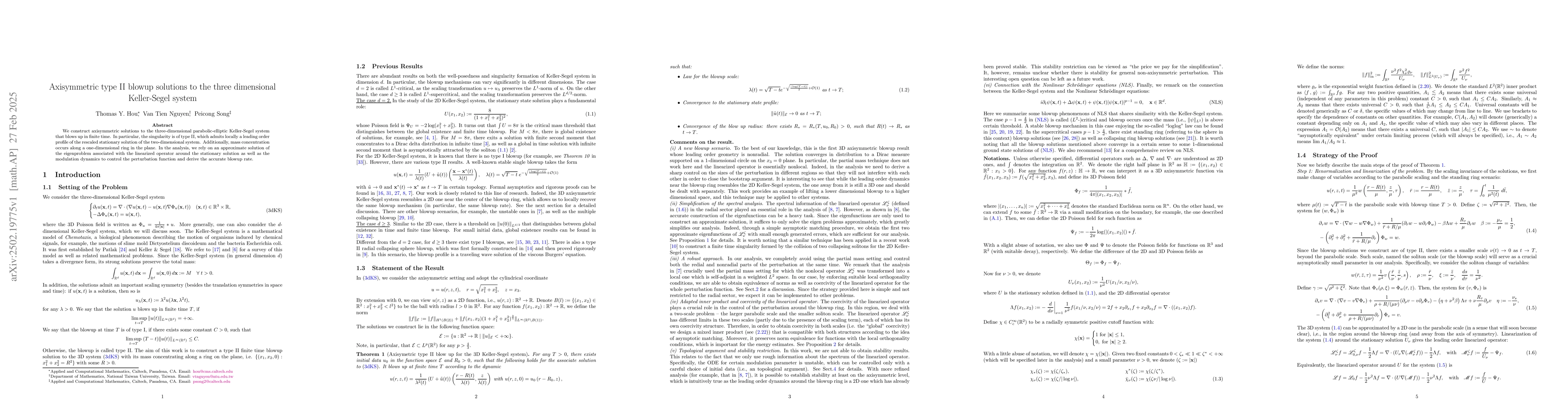 Thumbnail for Axisymmetric type II blowup solutions to the three dimensional
  Keller-Segel system