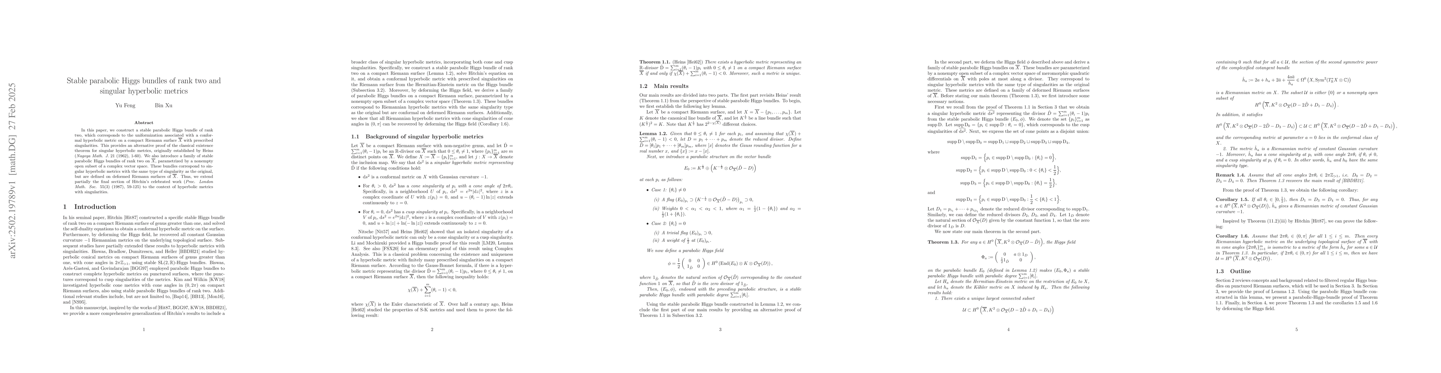 Thumbnail for Stable parabolic Higgs bundles of rank two and singular hyperbolic
  metrics
