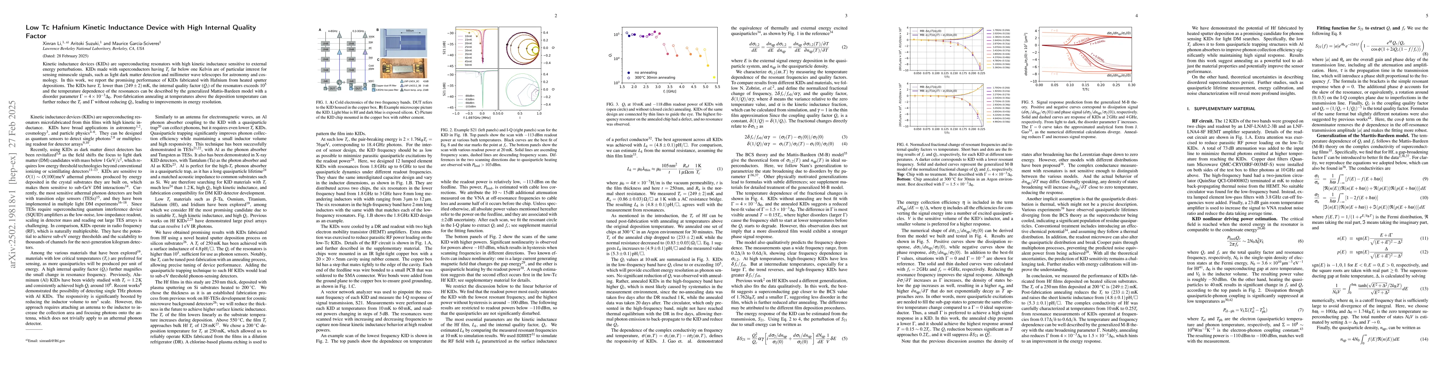 Thumbnail for Low Tc Hafnium Kinetic Inductance Device with High Internal Quality
  Factor