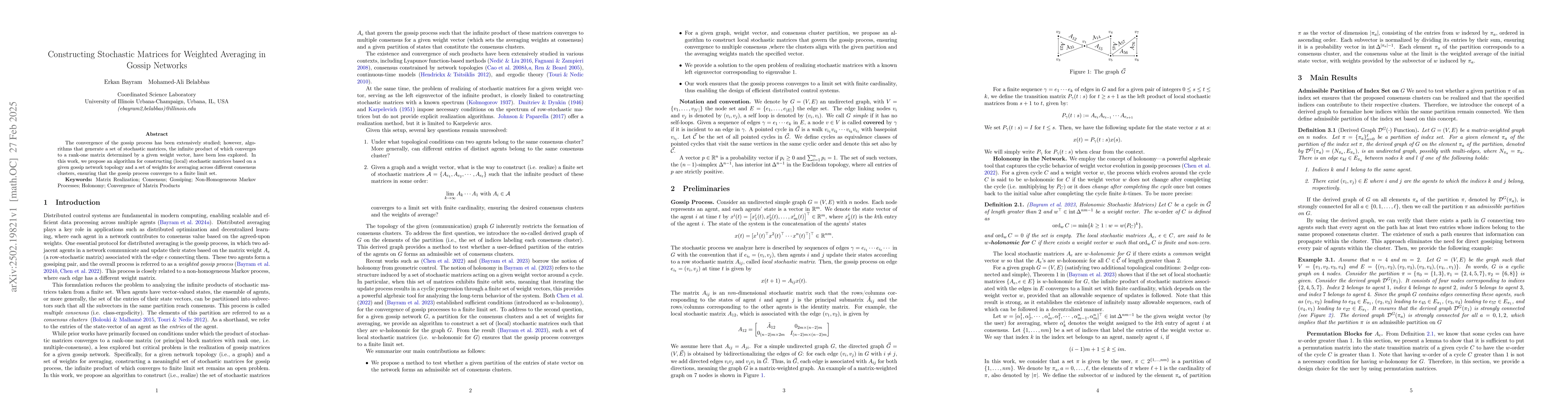 Thumbnail for Constructing Stochastic Matrices for Weighted Averaging in Gossip
  Networks