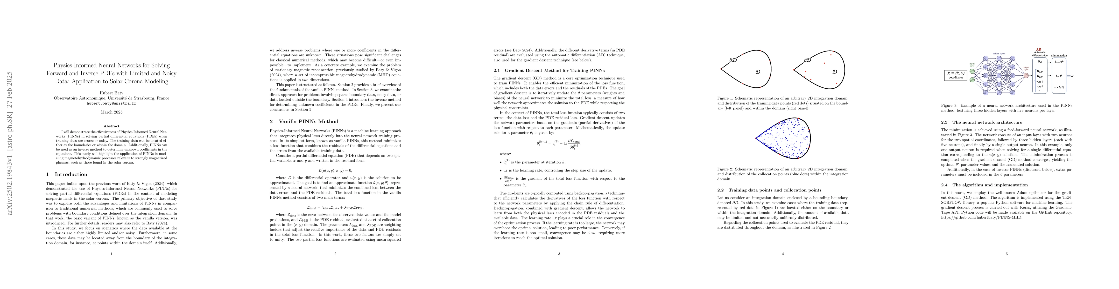 Thumbnail for Physics-Informed Neural Networks for Solving Forward and Inverse PDEs
  with Limited and Noisy Data: Application to Solar Corona Modeling
