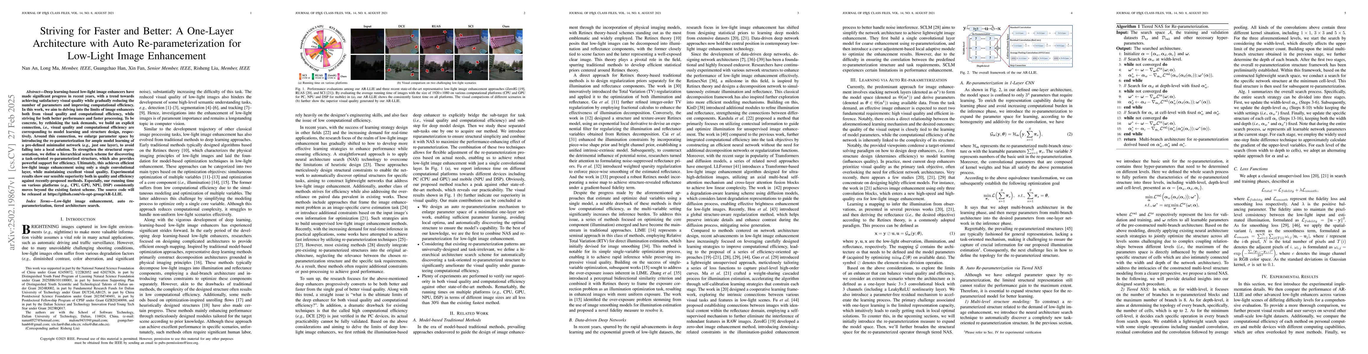 Thumbnail for Striving for Faster and Better: A One-Layer Architecture with Auto
  Re-parameterization for Low-Light Image Enhancement