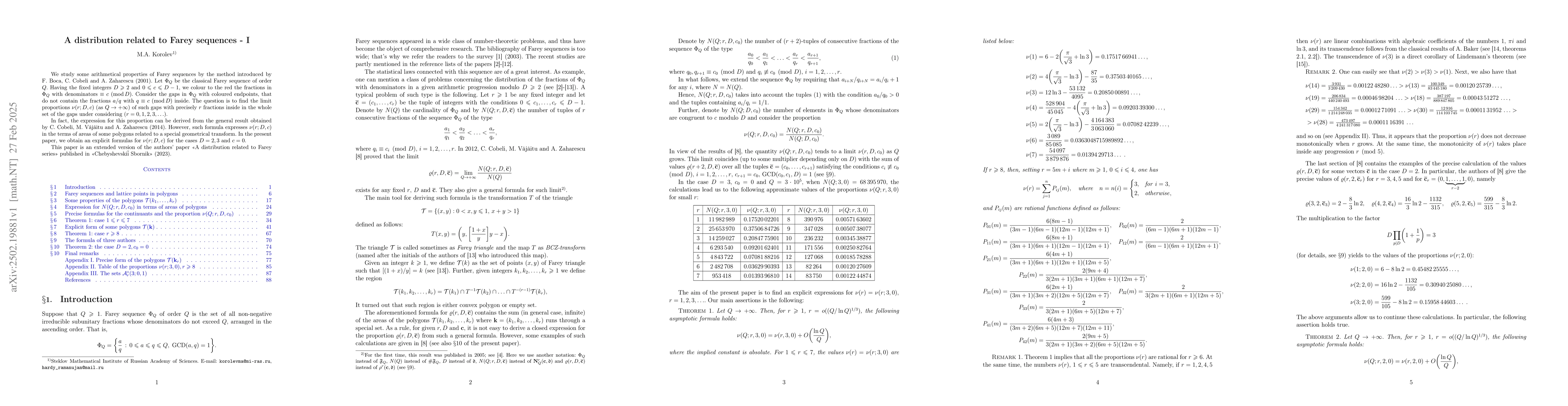 Thumbnail for A distribution related to Farey sequences -- I