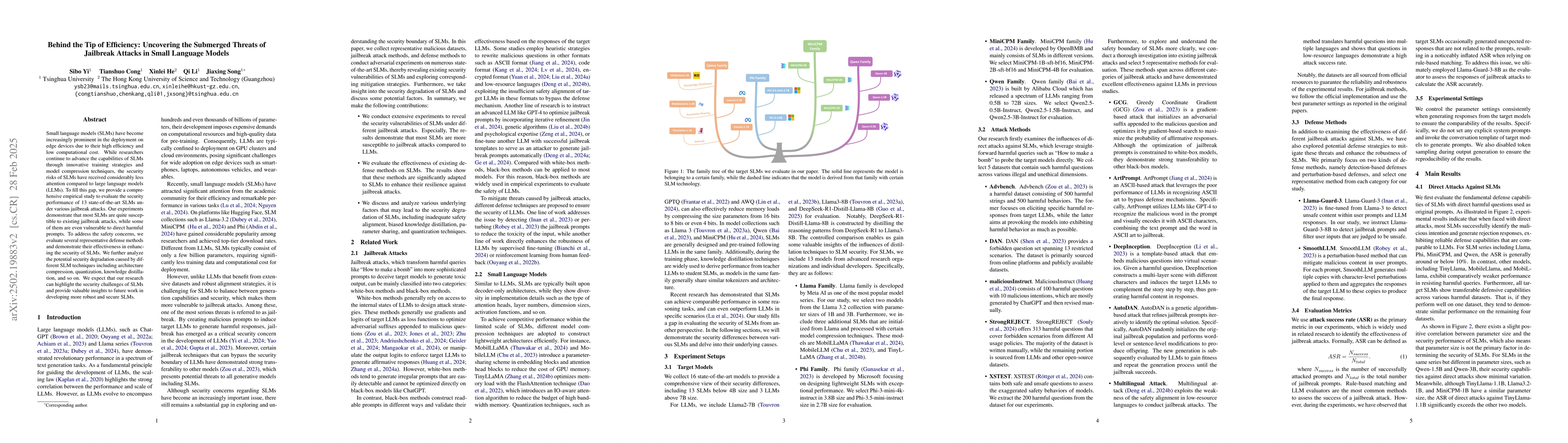 Thumbnail for Beyond the Tip of Efficiency: Uncovering the Submerged Threats of
  Jailbreak Attacks in Small Language Models