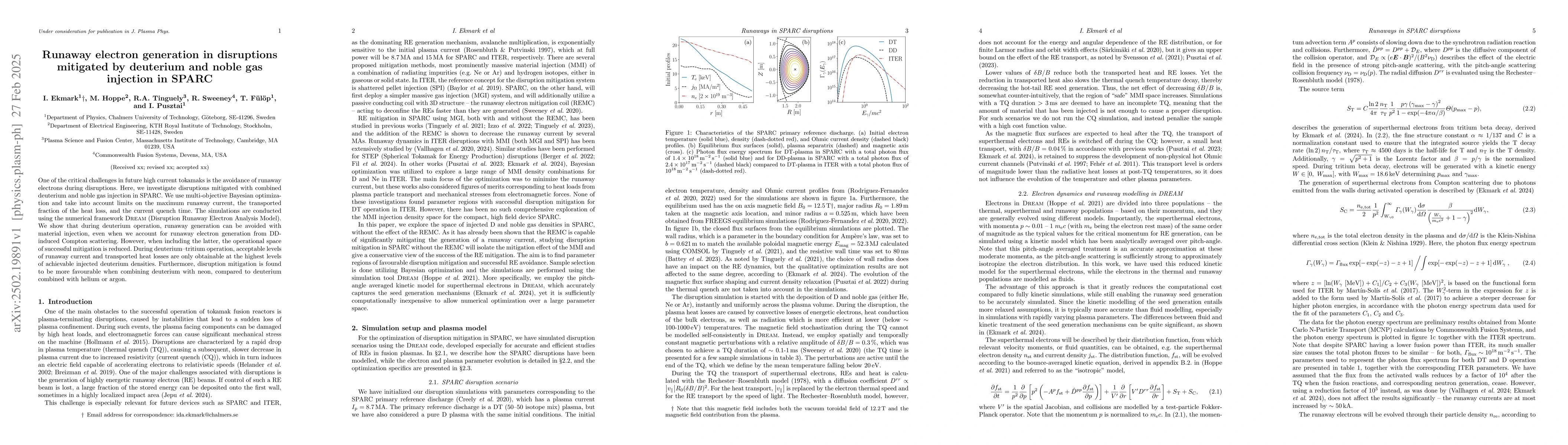 Thumbnail for Runaway electron generation in disruptions mitigated by deuterium and
  noble gas injection in SPARC