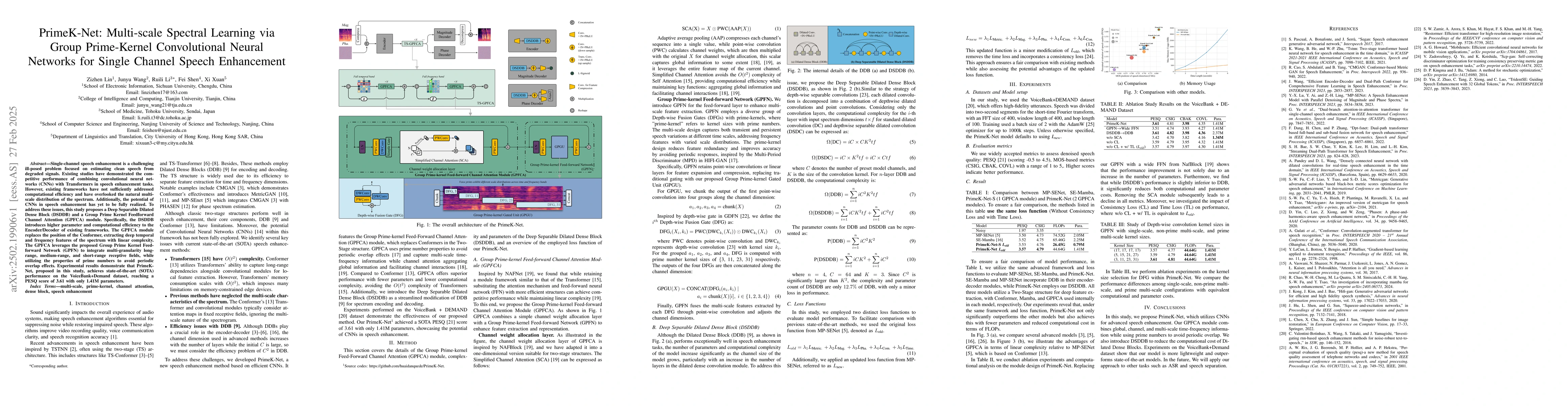 Thumbnail for PrimeK-Net: Multi-scale Spectral Learning via Group Prime-Kernel
  Convolutional Neural Networks for Single Channel Speech Enhancement