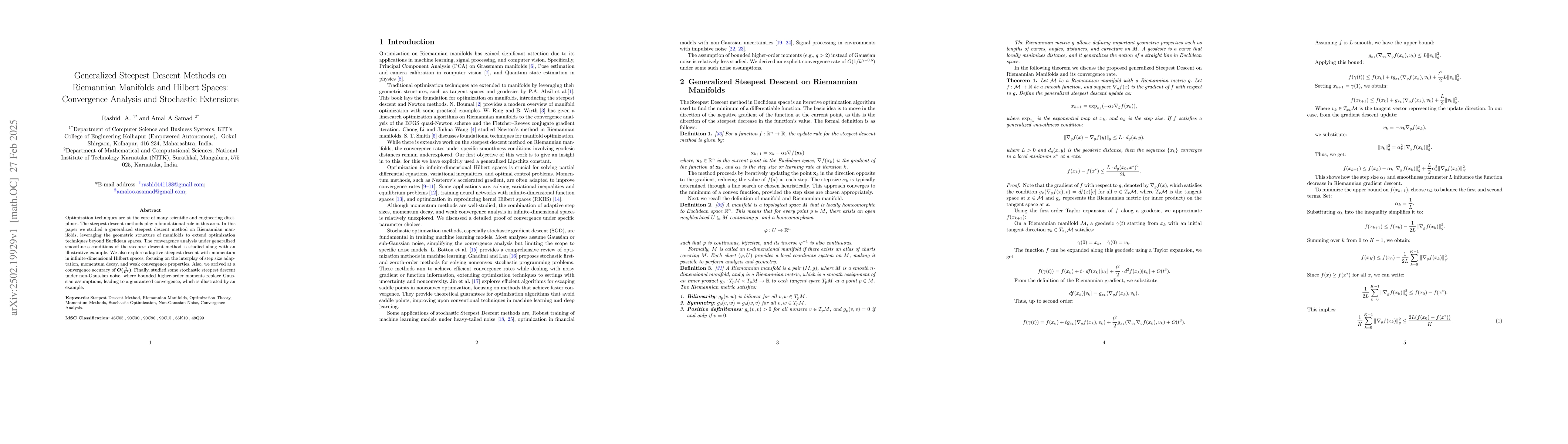 Thumbnail for Generalized Steepest Descent Methods on Riemannian Manifolds and Hilbert
  Spaces: Convergence Analysis and Stochastic Extensions