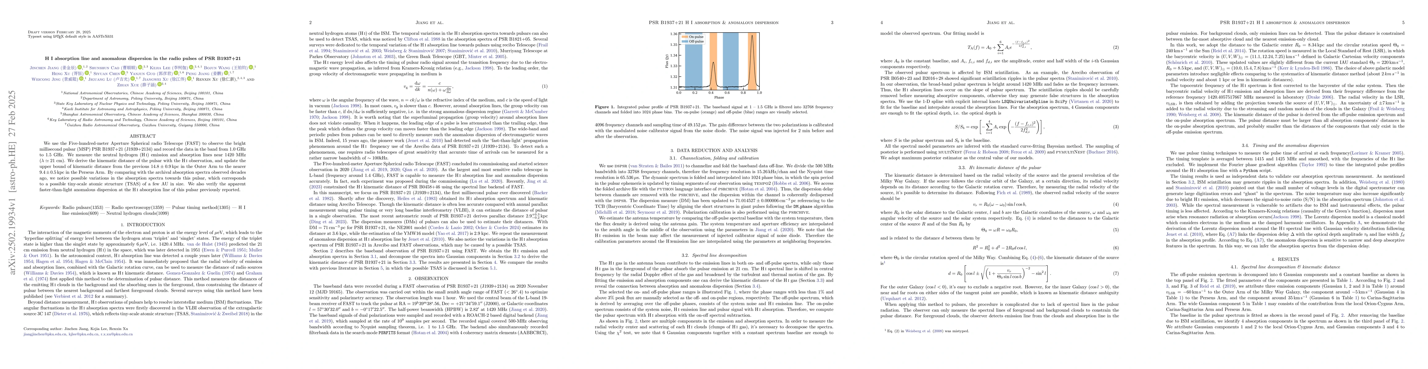 Thumbnail for H I absorption line and anomalous dispersion in the radio pulses of PSR
  B1937+21