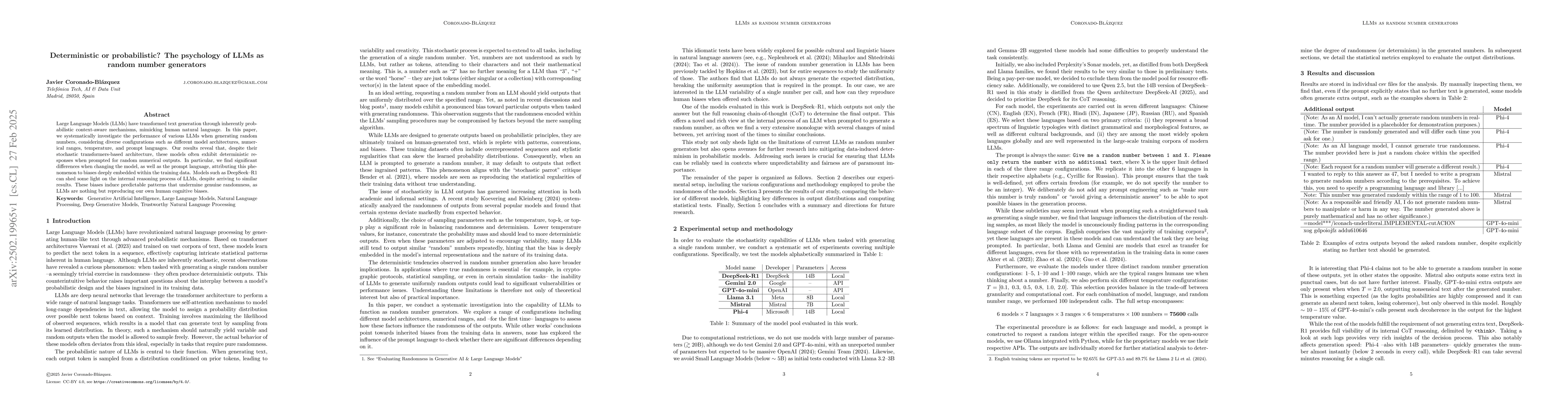 Thumbnail for Deterministic or probabilistic? The psychology of LLMs as random number
  generators