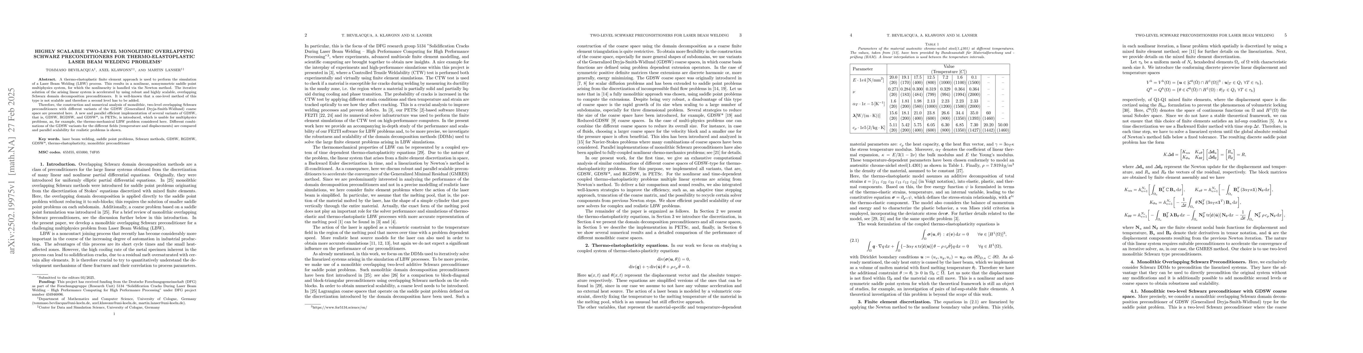 Thumbnail for Highly Scalable Two-level Monolithic Overlapping Schwarz Preconditioners
  for Thermo-elastoplastic Laser Beam Welding Problems