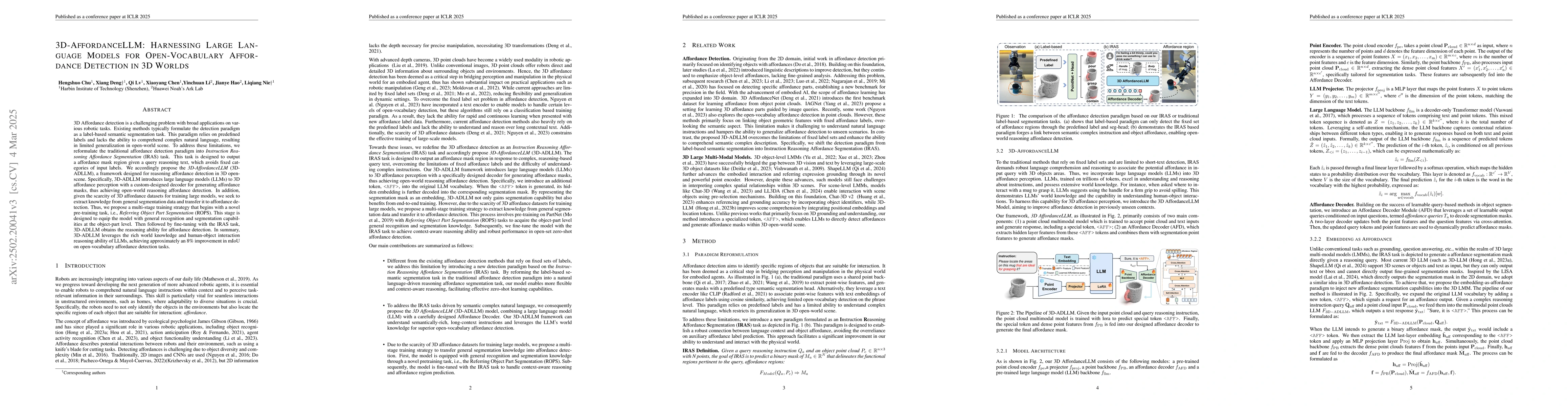 Thumbnail for 3D-AffordanceLLM: Harnessing Large Language Models for Open-Vocabulary
  Affordance Detection in 3D Worlds