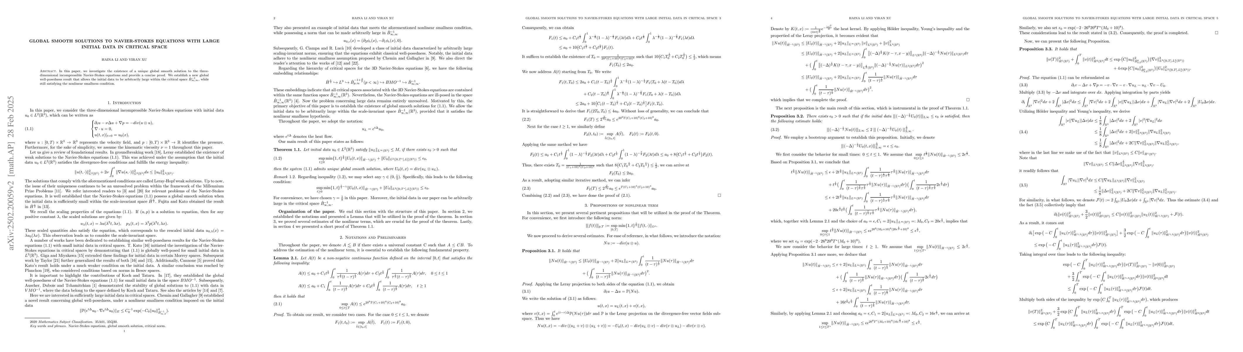 Thumbnail for Global smooth solutions to Navier-Stokes equations with large initial
  data in caritical space