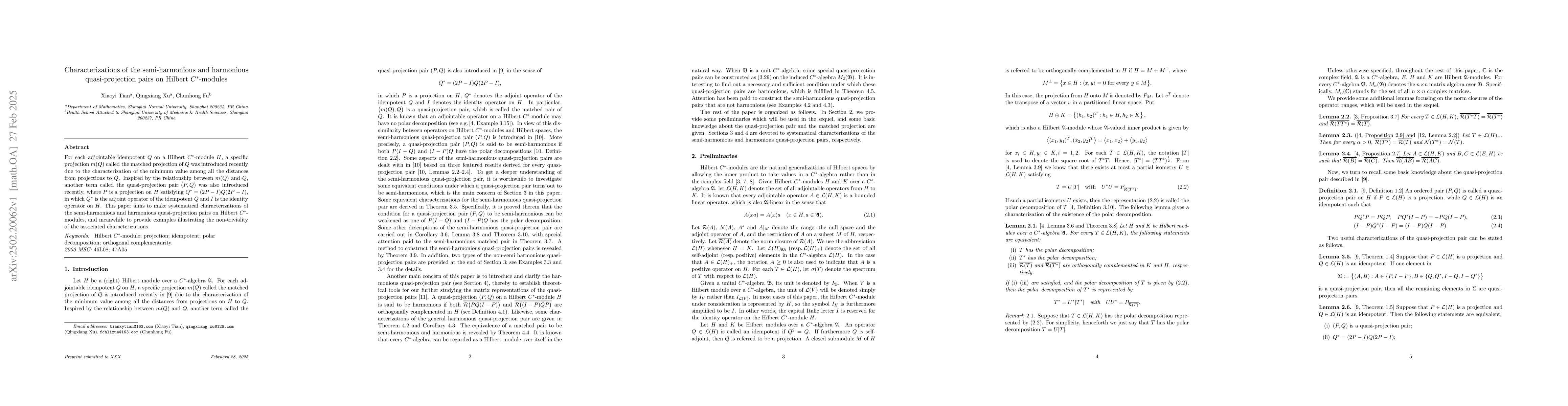 Thumbnail for Characterizations of the semi-harmonious and harmonious quasi-projection
  pairs on Hilbert $C^*$-modules