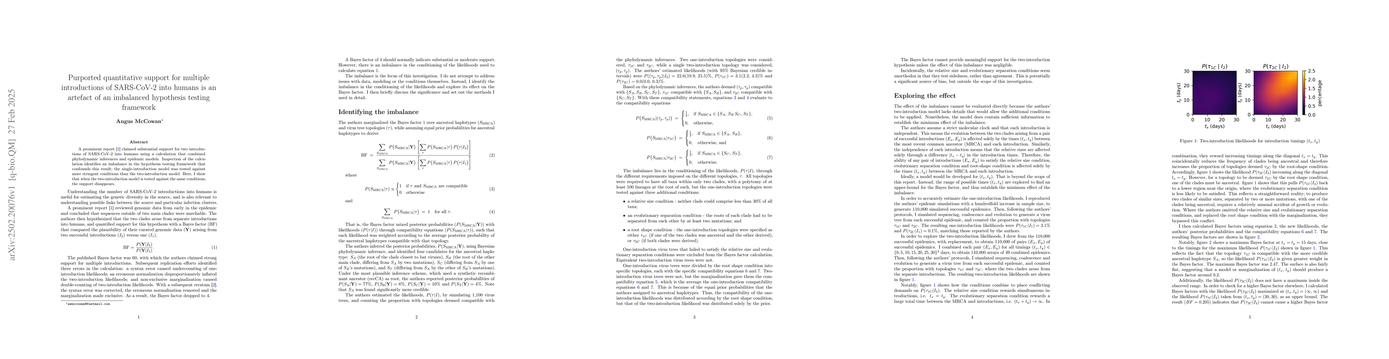Thumbnail for Purported quantitative support for multiple introductions of SARS-CoV-2
  into humans is an artefact of an imbalanced hypothesis testing framework