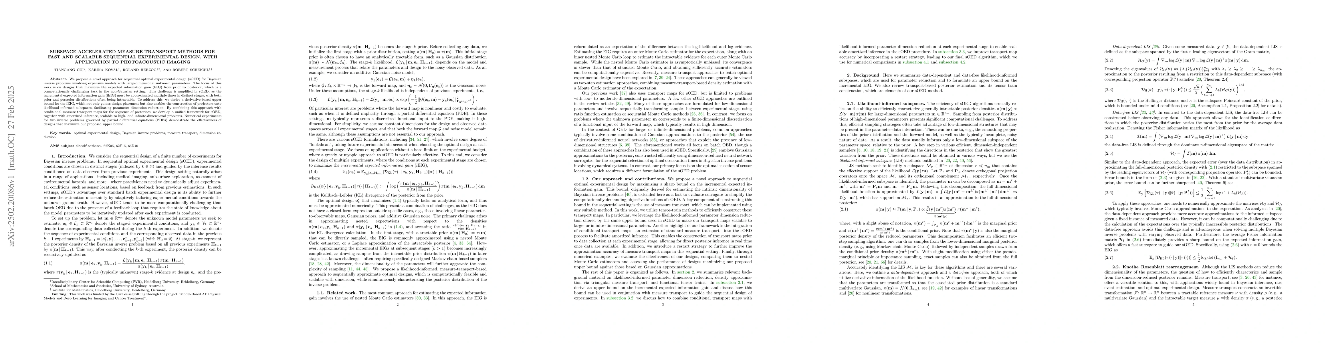 Thumbnail for Subspace accelerated measure transport methods for fast and scalable
  sequential experimental design, with application to photoacoustic imaging
