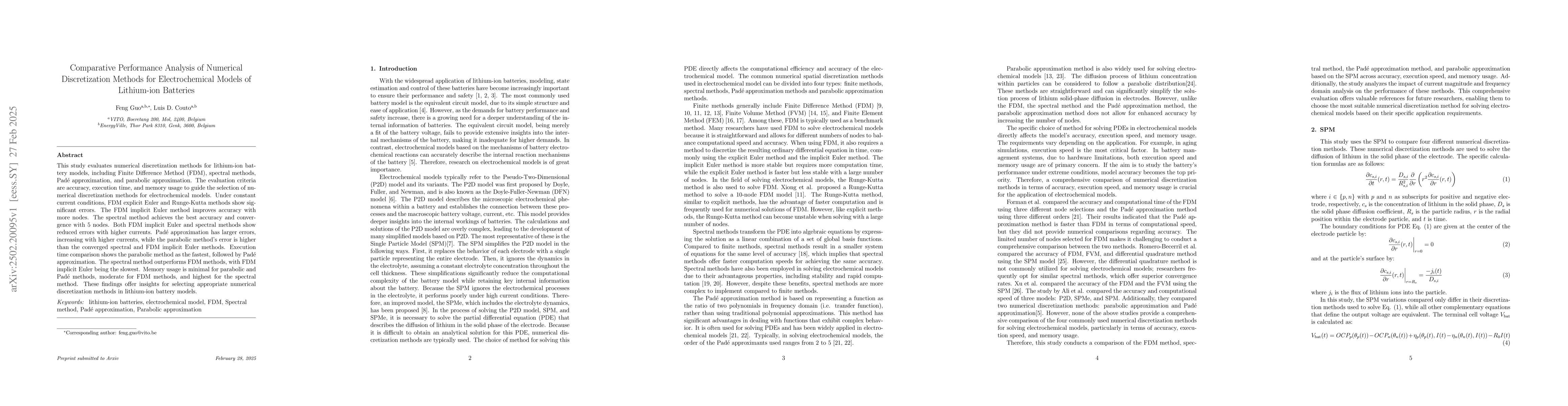 Thumbnail for Comparative Performance Analysis of Numerical Discretization Methods for
  Electrochemical Models of Lithium-ion Batteries
