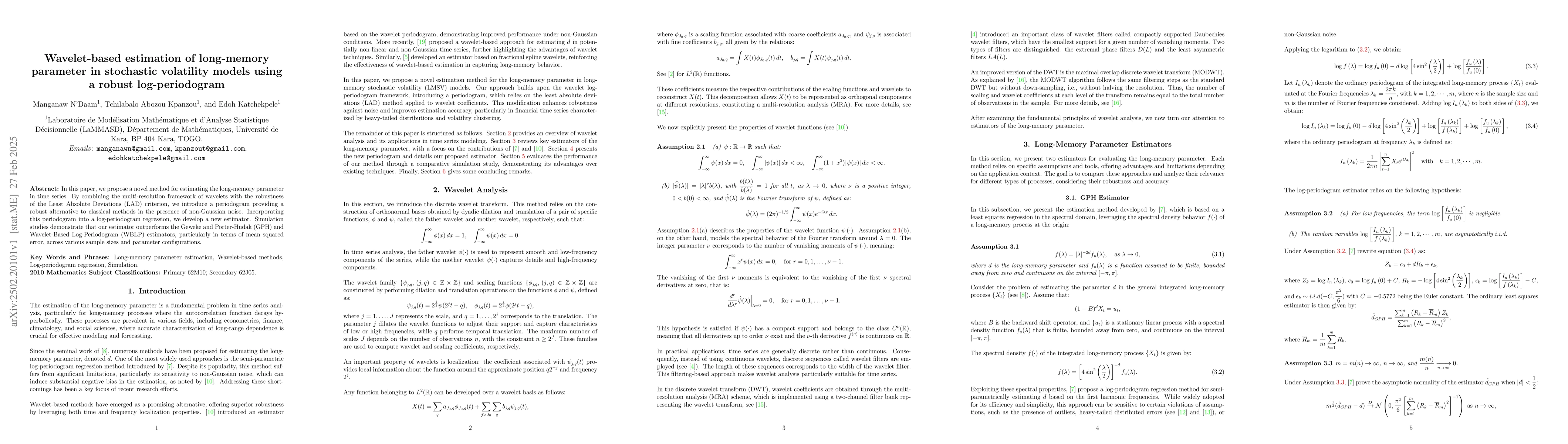Thumbnail for Wavelet-based estimation of long-memory parameter in stochastic
  volatility models using a robust log-periodogram
