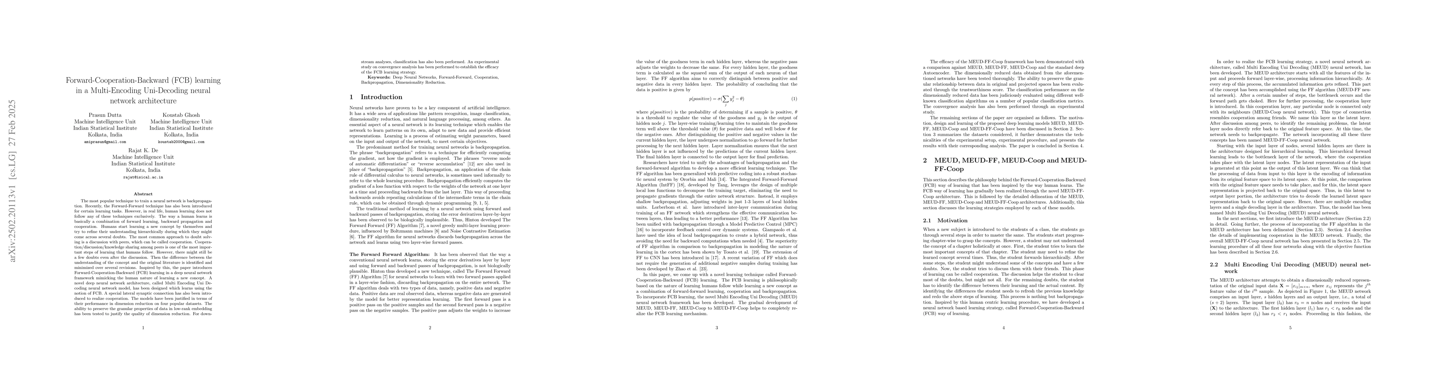 Thumbnail for Forward-Cooperation-Backward (FCB) learning in a Multi-Encoding
  Uni-Decoding neural network architecture