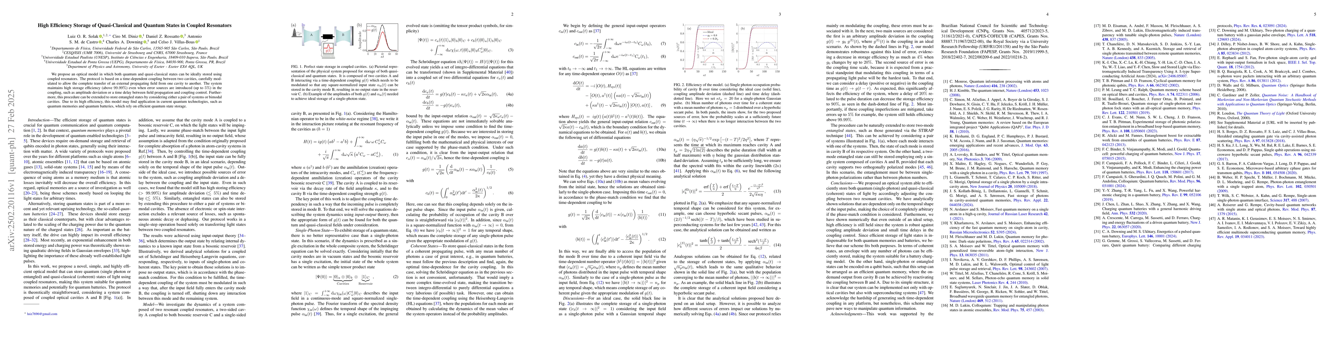 Thumbnail for High Efficiency Storage of Quasi-Classical and Quantum States in Coupled
  Resonators