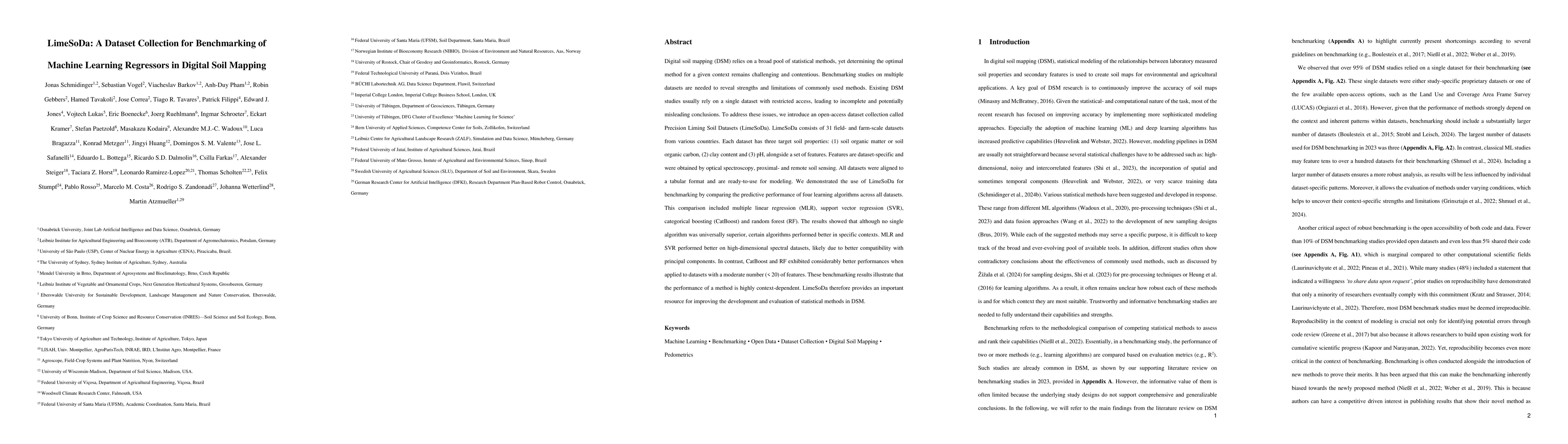 Thumbnail for LimeSoDa: A Dataset Collection for Benchmarking of Machine Learning
  Regressors in Digital Soil Mapping
