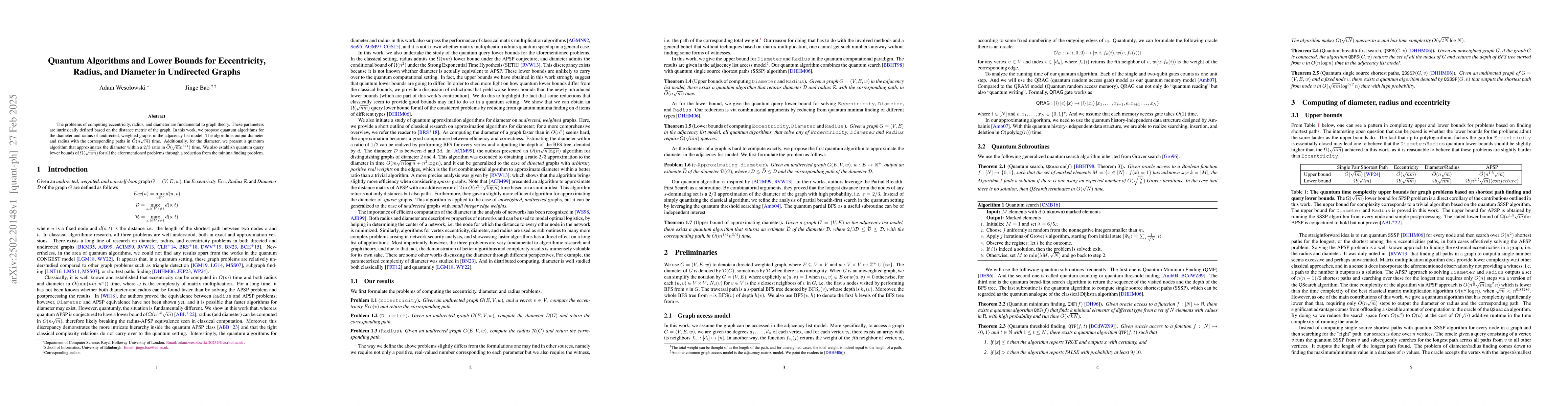 Thumbnail for Quantum algorithms and lower bounds for eccentricity, radius, and
  diameter in undirected graphs