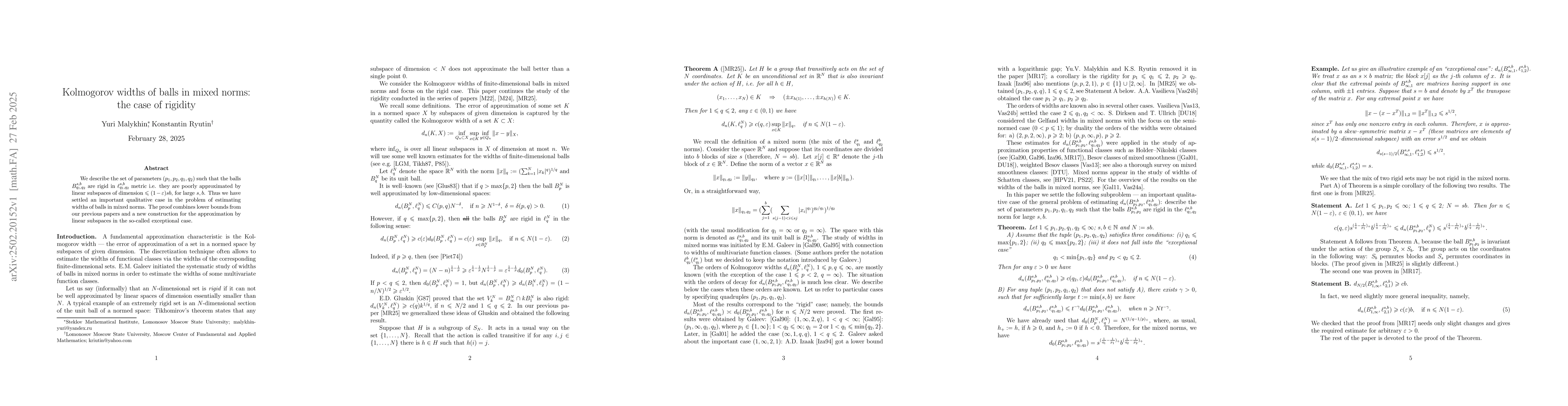 Thumbnail for Kolmogorov widths of balls in mixed norms: the case of rigidity