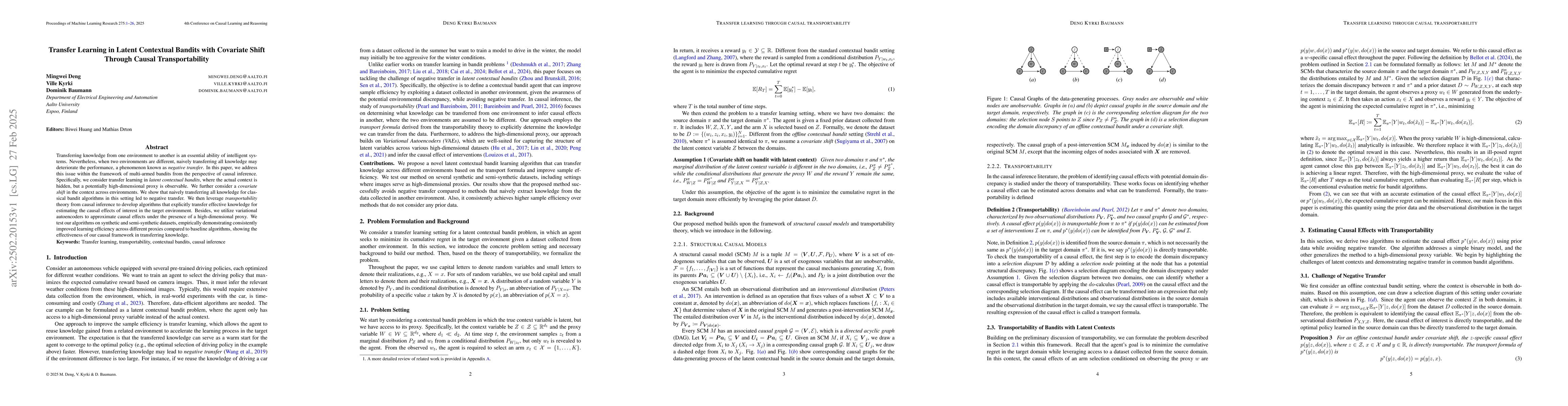 Thumbnail for Transfer Learning in Latent Contextual Bandits with Covariate Shift
  Through Causal Transportability