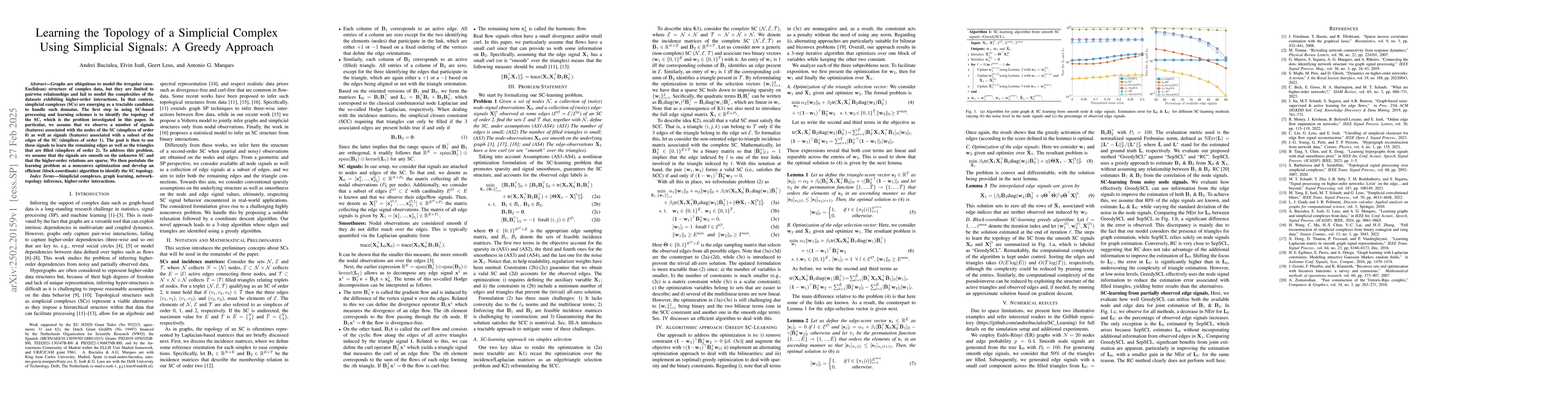 Thumbnail for Learning the Topology of a Simplicial Complex Using Simplicial Signals:
  A Greedy Approach