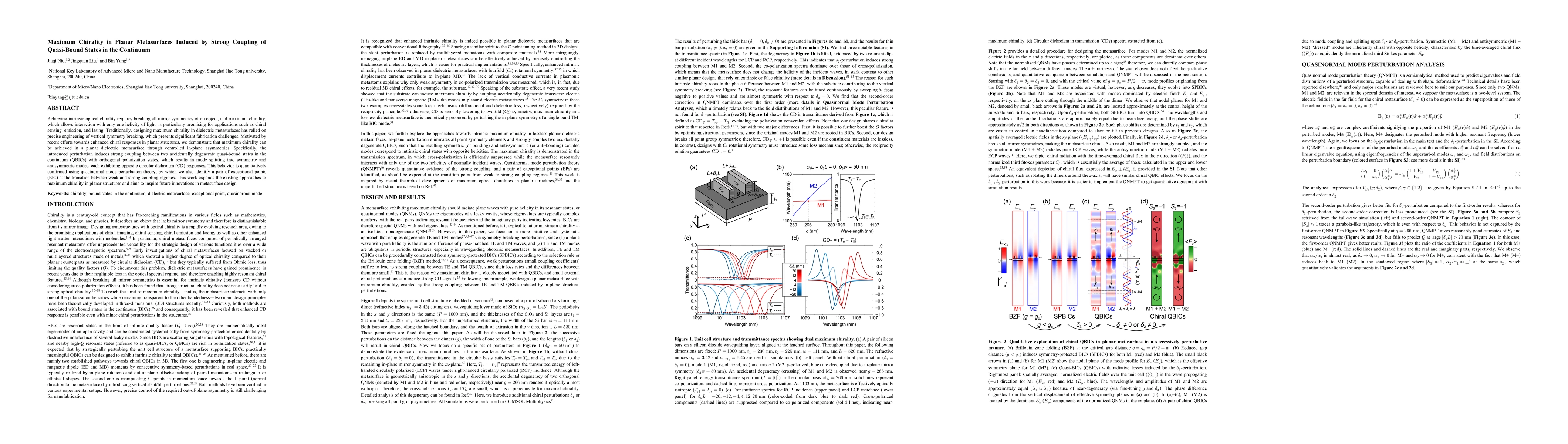 Thumbnail for Maximum chirality in planar metasurfaces induced by strong coupling of
  quasi-bound states in the continuum