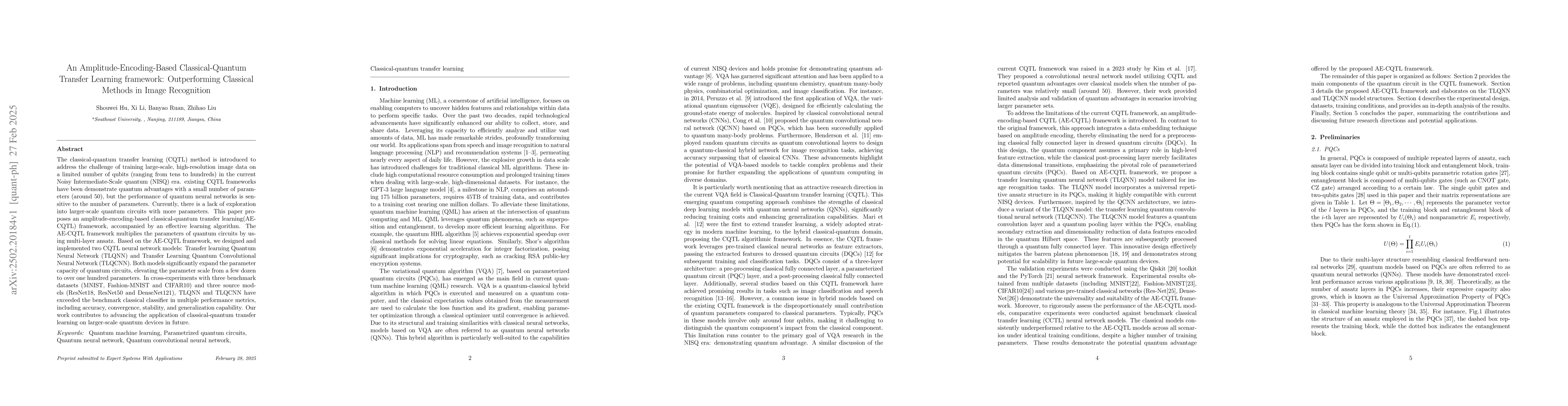 Thumbnail for An Amplitude-Encoding-Based Classical-Quantum Transfer Learning
  framework: Outperforming Classical Methods in Image Recognition
