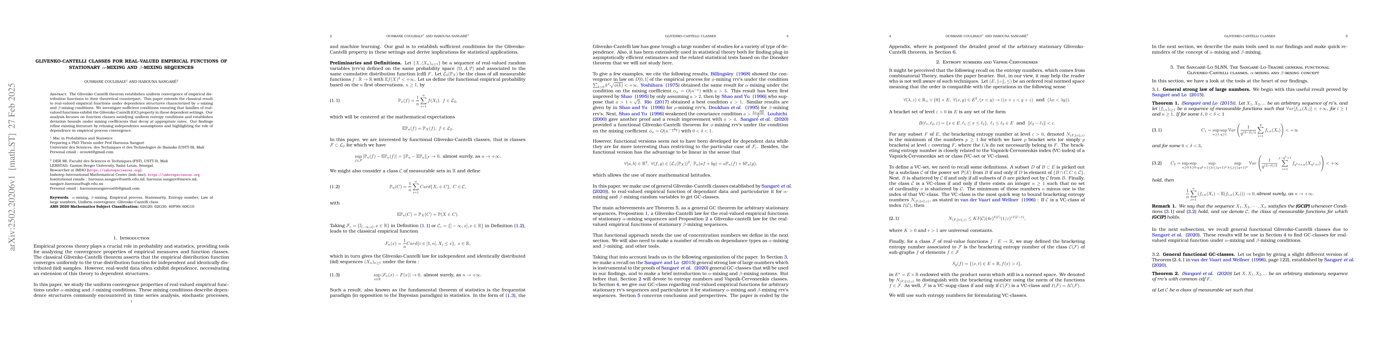 Thumbnail for Glivenko-Cantelli classes for real-valued empirical functions of
  stationary $α$-mixing and $β$-mixing sequences