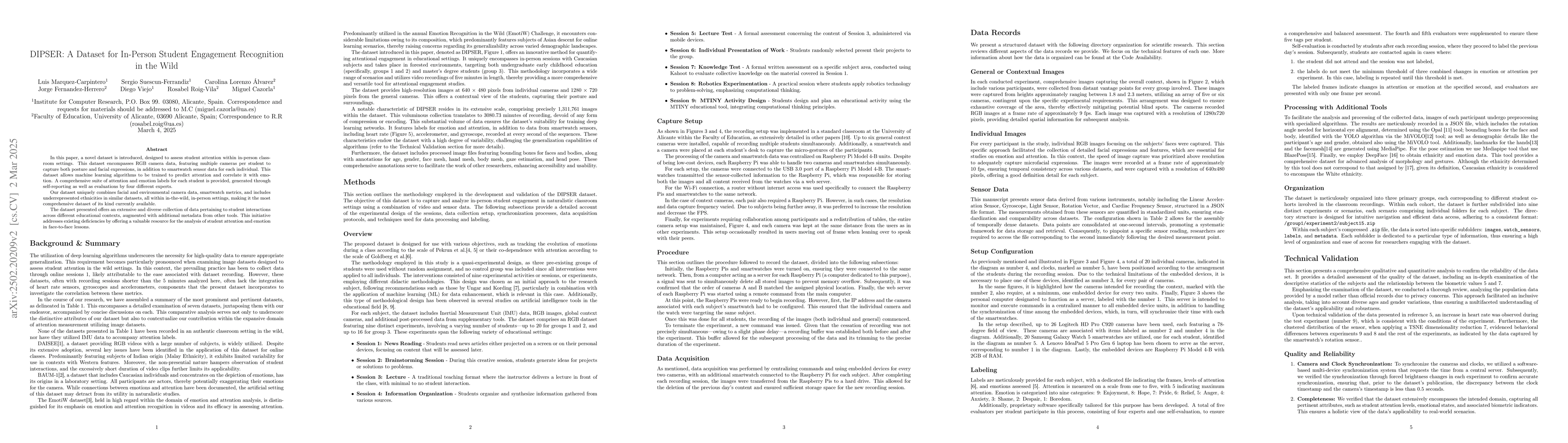 Thumbnail for DIPSER: A Dataset for In-Person Student1 Engagement Recognition in the
  Wild